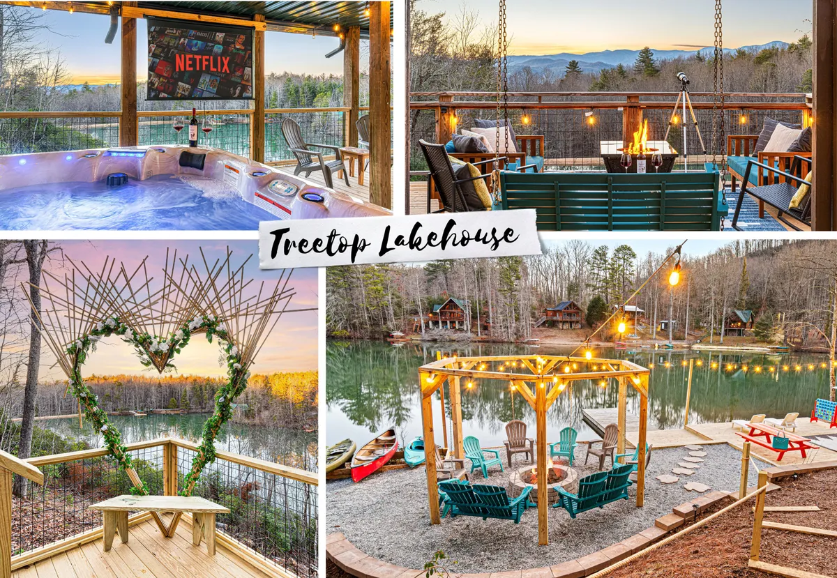 The hero image showcases a stunning lakeside cabin set against tranquil North Carolina woods. In the foreground, a bubbling hot tub overlooks the private lake, framed by romantic swing chairs beneath a heart-shaped arch. The scene features colorful kayaks ready for adventure, a cozy fire pit area, and a charming gazebo by the water, all glowing in the warm hues of sunset. The setting radiates a blend of relaxation, togetherness, and romantic escape.